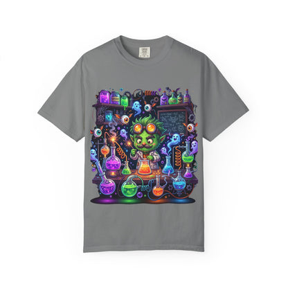 Mad Scientist Cat Lab T-Shirt — Neon Potion Halloween Tee