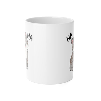 Laughing Cat Mug — Cute Grey Kitten 'HA HA' Ceramic Coffee Cup, Funny Cat Lover Gift