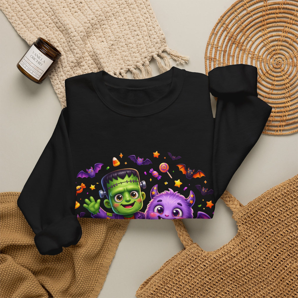 Halloween Monster Crewneck Sweatshirt — Cute Frankenstein, Vampire & Pumpkin Design