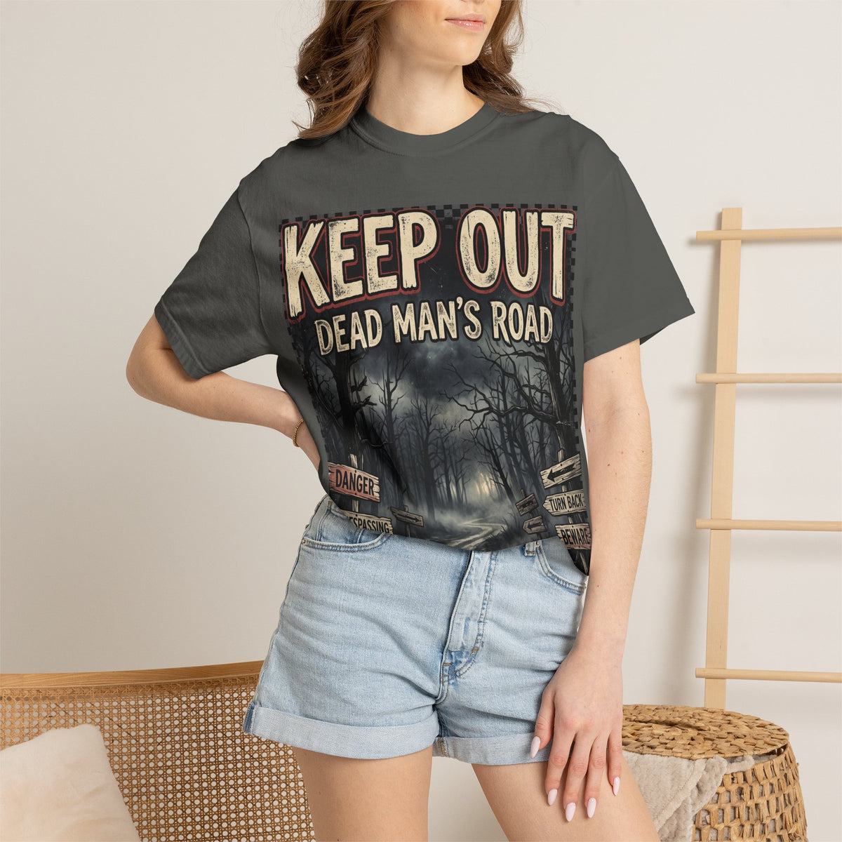 Keep Out "Dead Man's Road" T-Shirt — Spooky Haunted Forest Graphic Tee