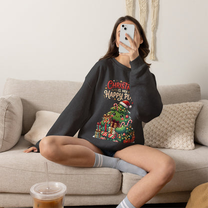 Christmas Happy Place Crewneck Sweatshirt — Cute Kawaii Tree & Gifts Holiday Sweatshirt