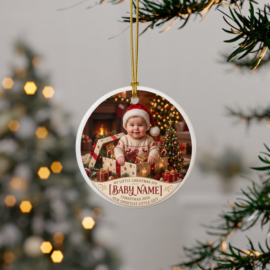 Personalized Baby Christmas Ornament — Round Ceramic 2-Sided Photo Keepsake (Add Name & Year)