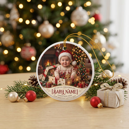 Personalized Baby Christmas Ornament — Round Ceramic 2-Sided Photo Keepsake (Add Name & Year)