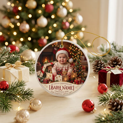 Personalized Baby Christmas Ornament — Round Ceramic 2-Sided Photo Keepsake (Add Name & Year)