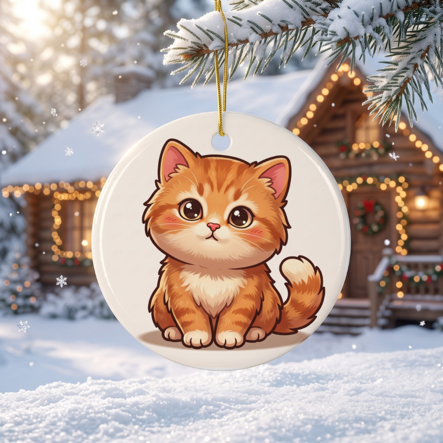 Cute Orange Kitten Ceramic Ornament — Double-Sided Cat Decoration for Christmas, Gifts & Home Décor (1–10 pcs)