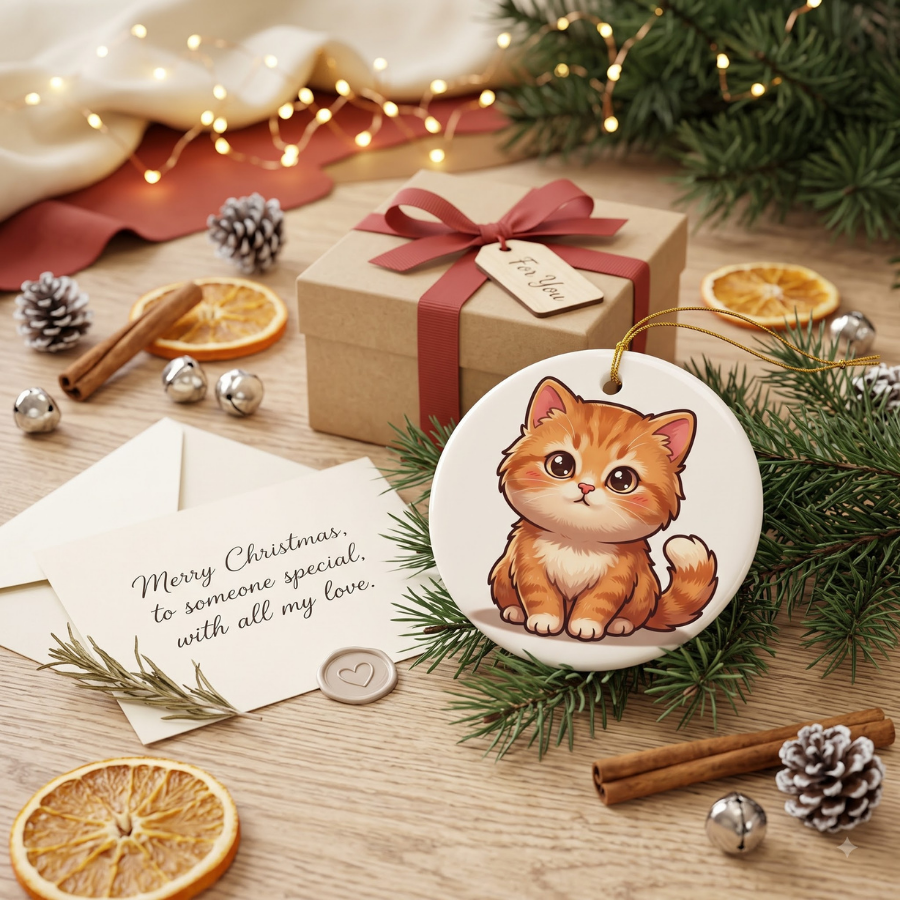 Cute Orange Kitten Ceramic Ornament — Double-Sided Cat Decoration for Christmas, Gifts & Home Décor (1–10 pcs)