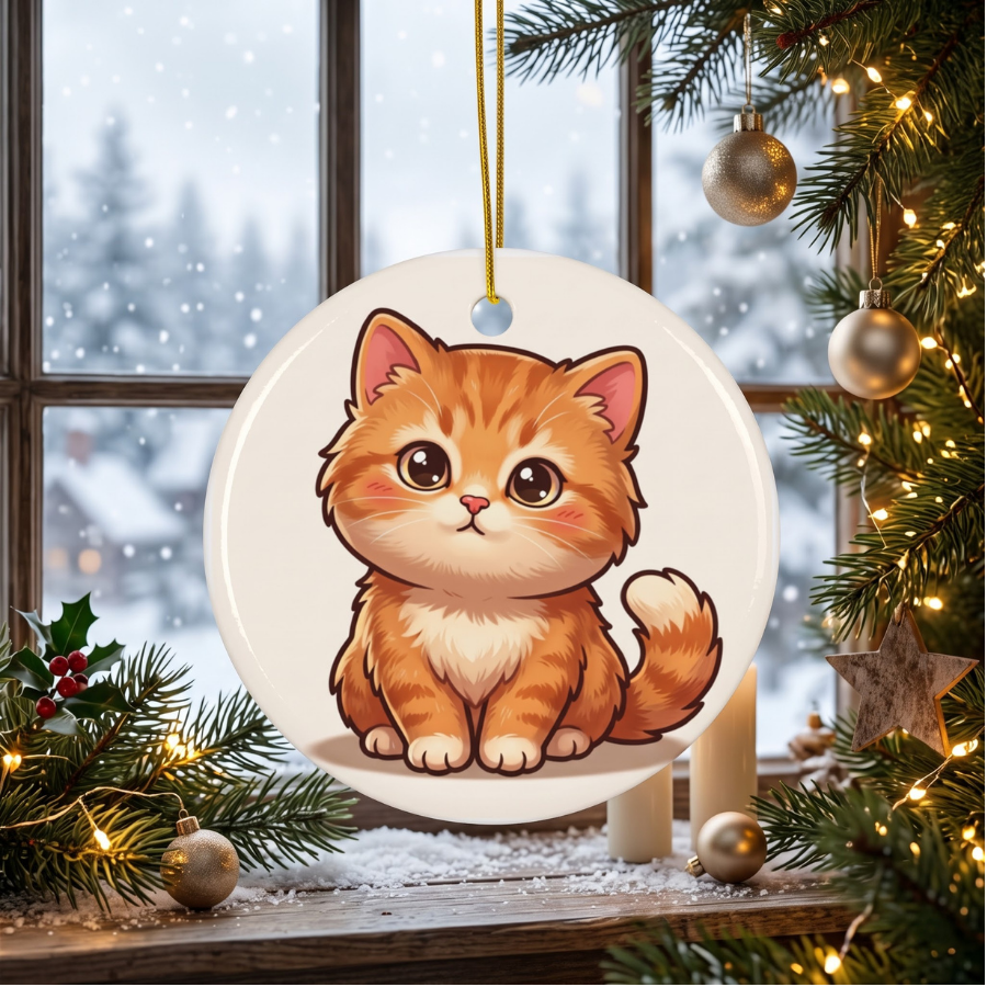 Cute Orange Kitten Ceramic Ornament — Double-Sided Cat Decoration for Christmas, Gifts & Home Décor (1–10 pcs)