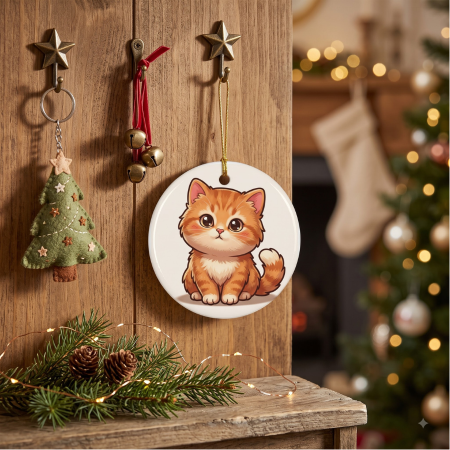 Cute Orange Kitten Ceramic Ornament — Double-Sided Cat Decoration for Christmas, Gifts & Home Décor (1–10 pcs)