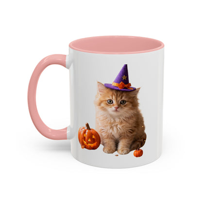 Halloween Cat Coffee Mug with Witch Hat and Pumpkin