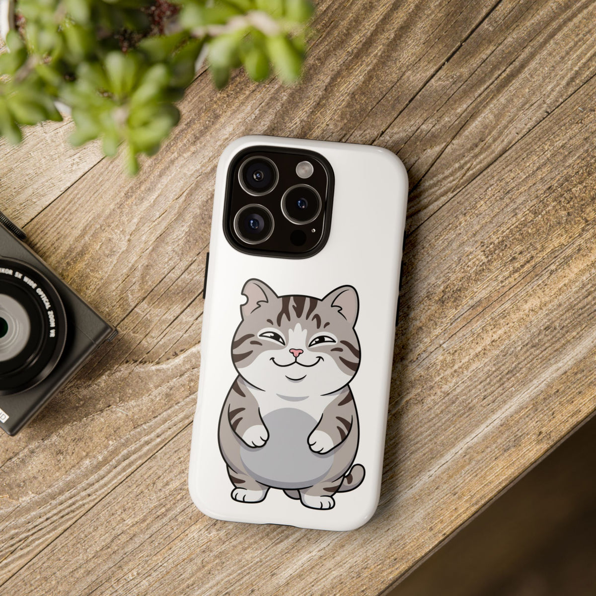 Cute Chubby Cat Phone Case — Protective Tough Case with Smiling Tabby Design