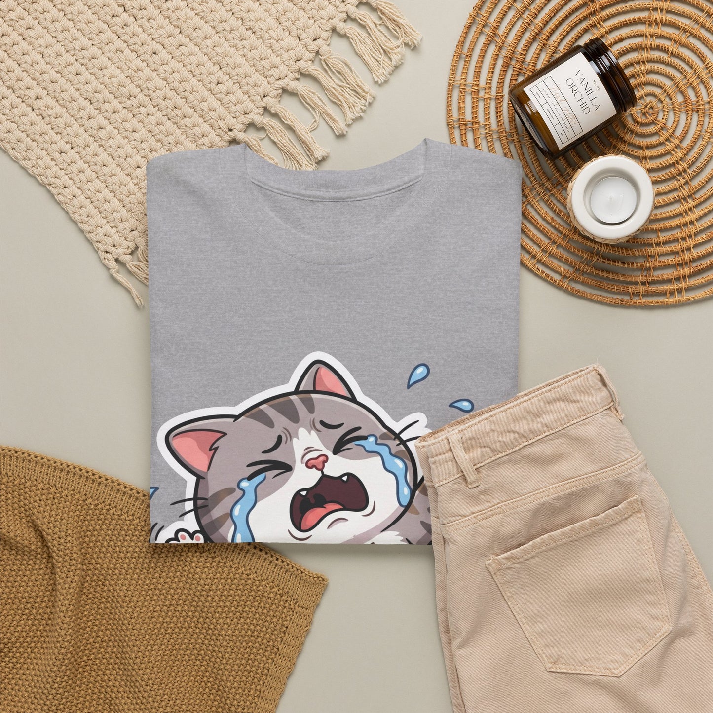 Crying Cartoon Cat T-Shirt — Cute Kawaii Kitten Graphic Tee