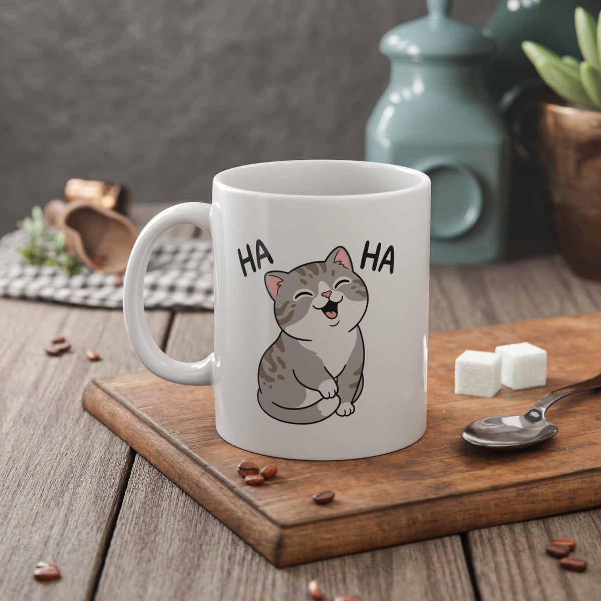Laughing Cat Mug — Cute Grey Kitten 'HA HA' Ceramic Coffee Cup, Funny Cat Lover Gift