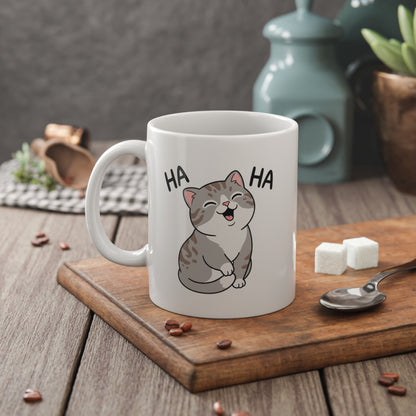 Laughing Cat Mug — Cute Grey Kitten 'HA HA' Ceramic Coffee Cup, Funny Cat Lover Gift