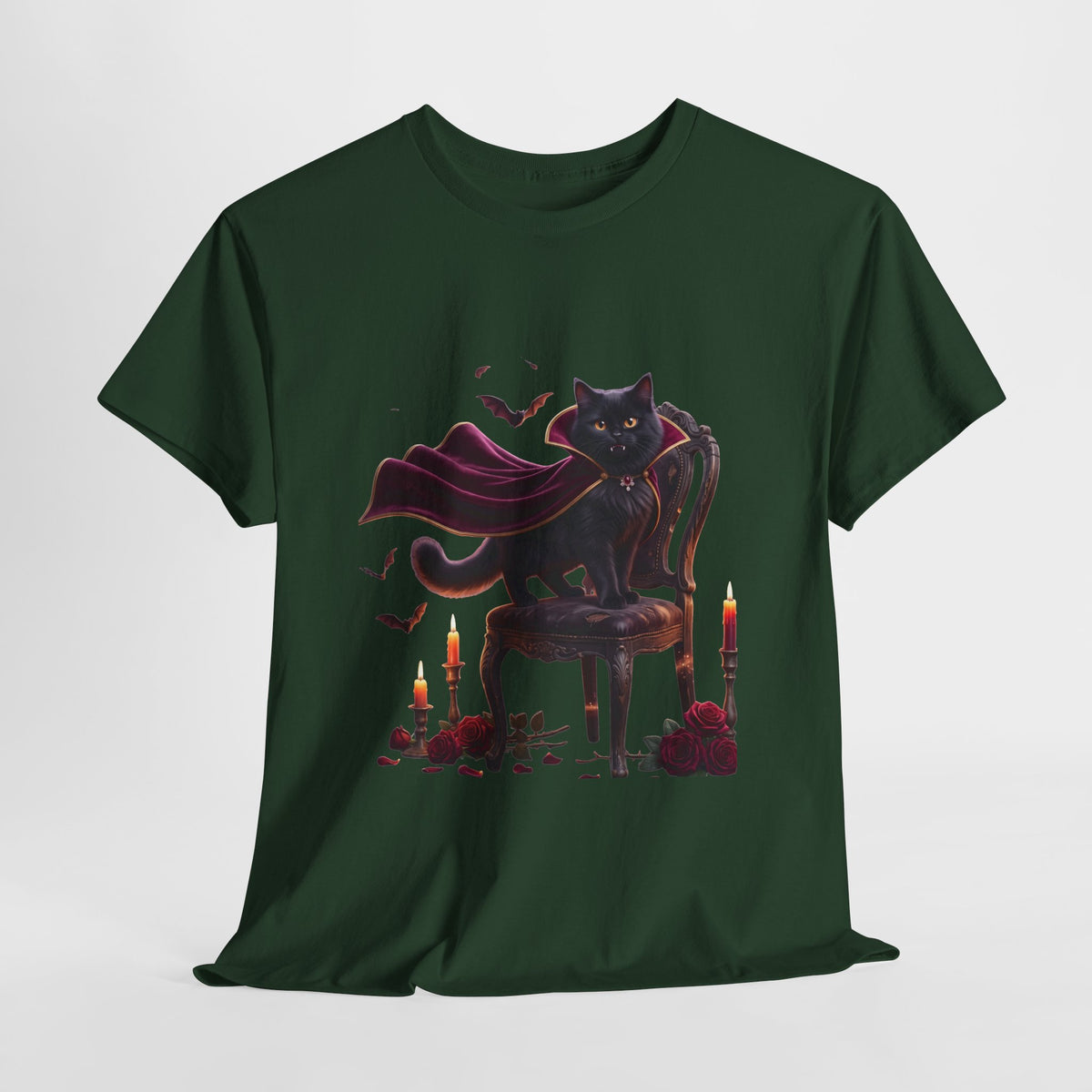 Vampire Cat Tee — Gothic Black Cat with Cape & Candles T-Shirt