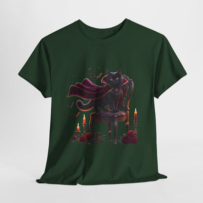 Vampire Cat Tee — Gothic Black Cat with Cape & Candles T-Shirt