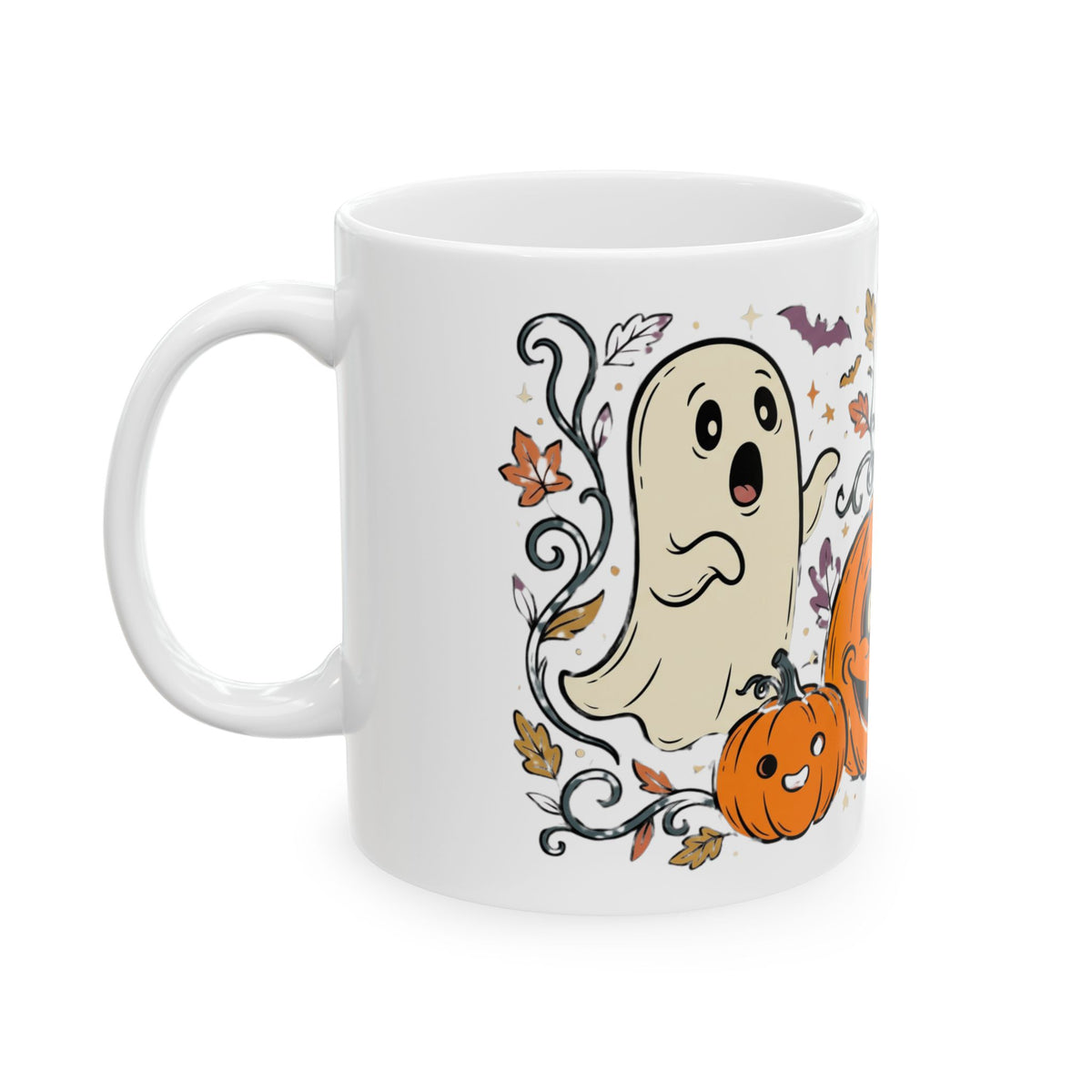 Halloween Pumpkin & Ghost Ceramic Mug — Cute Spooky Fall Coffee Cup (11oz/15oz)