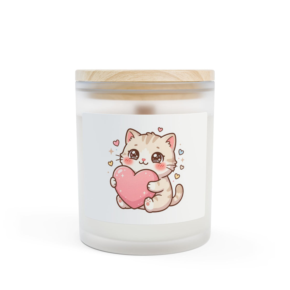 Cute Cat Holding Heart Frosted Glass Candle — 11oz Valentine Gift
