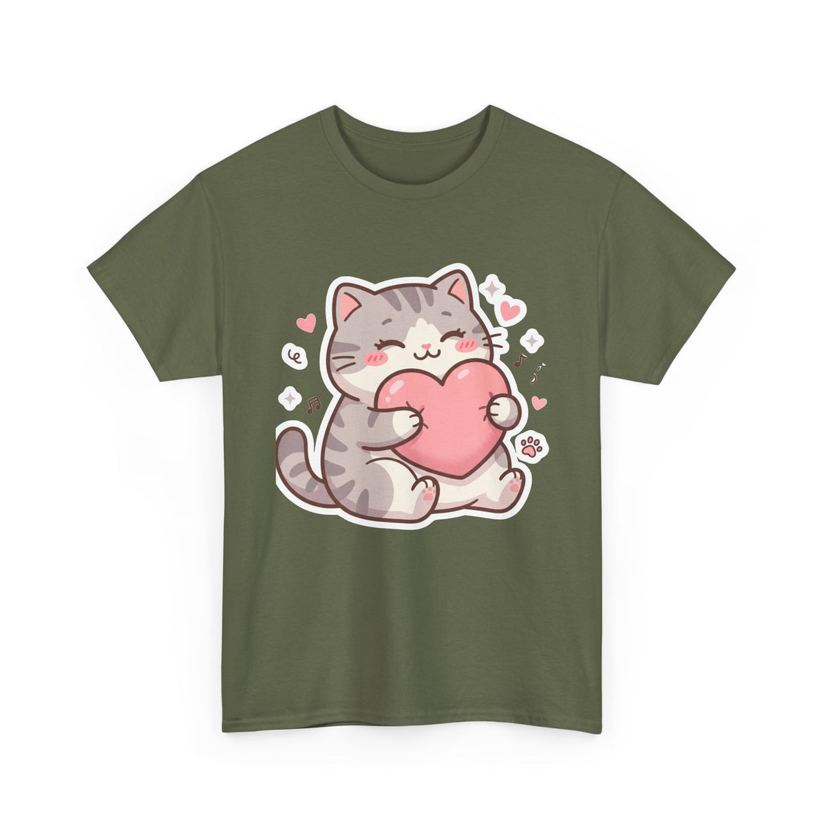 Cute Cat Hugging Heart T-Shirt — Kawaii Valentine Kitty Tee