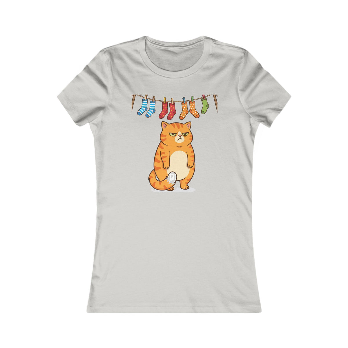 Women's Tee — Cute Grumpy Orange Cat with Hanging Socks Graphic