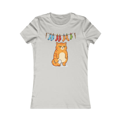 Women's Tee — Cute Grumpy Orange Cat with Hanging Socks Graphic