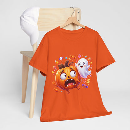 Cute Halloween Pumpkin & Ghost Tee — Scared Pumpkin Candy Graphic T-Shirt