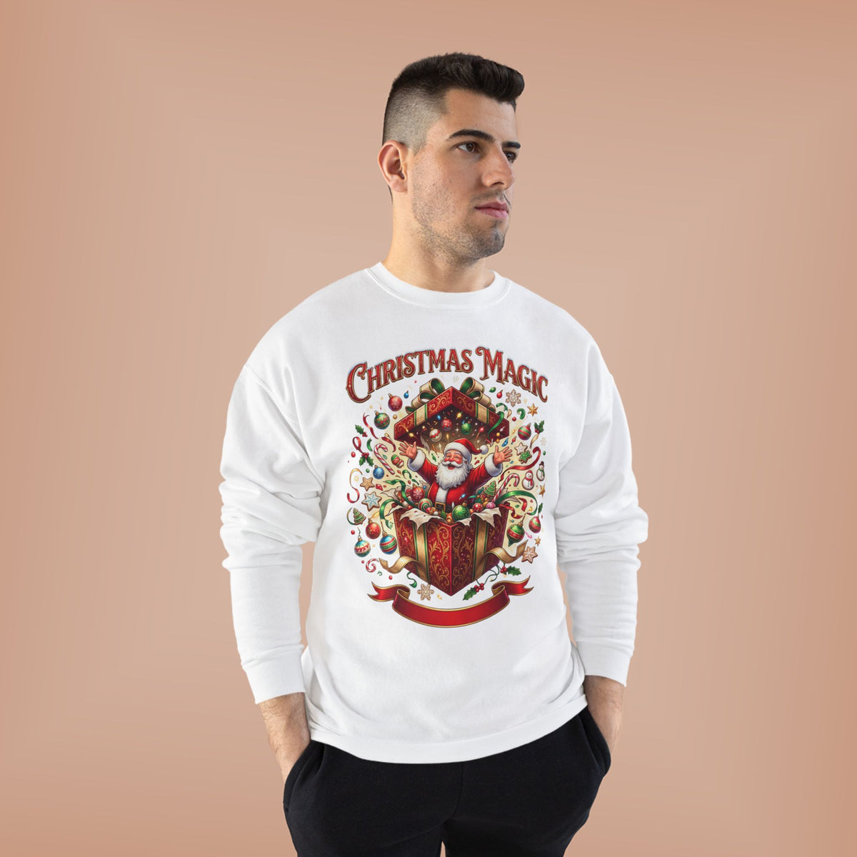 Christmas Magic Crewneck Sweatshirt — Santa Gift Box Holiday Pullover