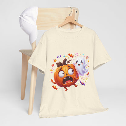Cute Halloween Pumpkin & Ghost Tee — Scared Pumpkin Candy Graphic T-Shirt