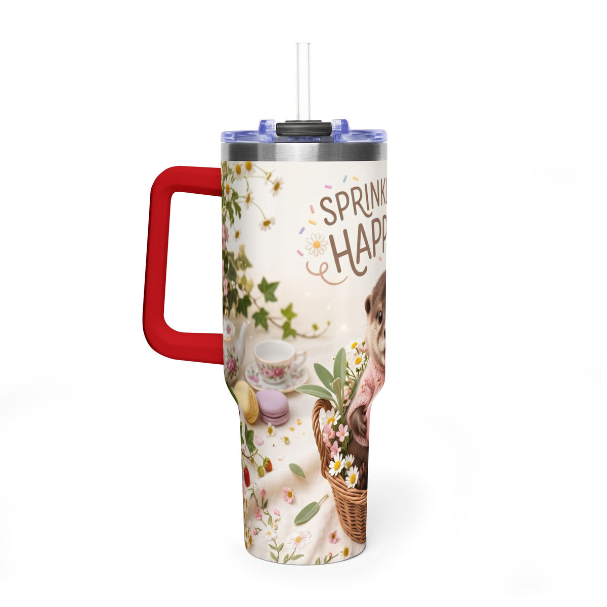 40oz Tumbler – “Sprinkled with Happiness” Puppy Floral Drink Cup