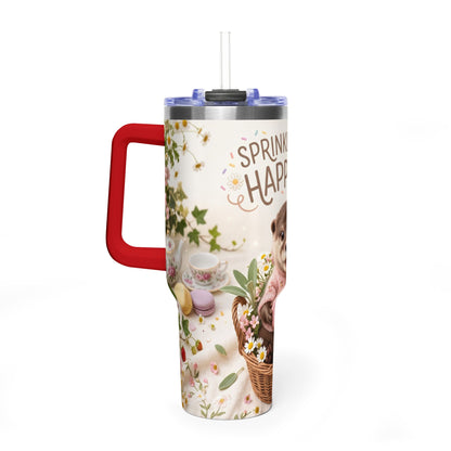 40oz Tumbler – “Sprinkled with Happiness” Puppy Floral Drink Cup