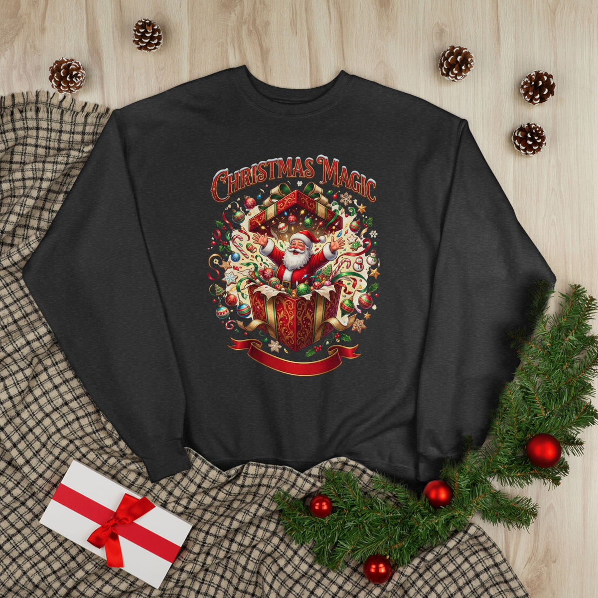 Christmas Magic Crewneck Sweatshirt — Santa Gift Box Holiday Pullover