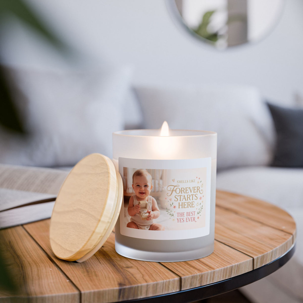 Photo Keepsake Candle — “Forever Starts Here” Frosted Glass 11oz