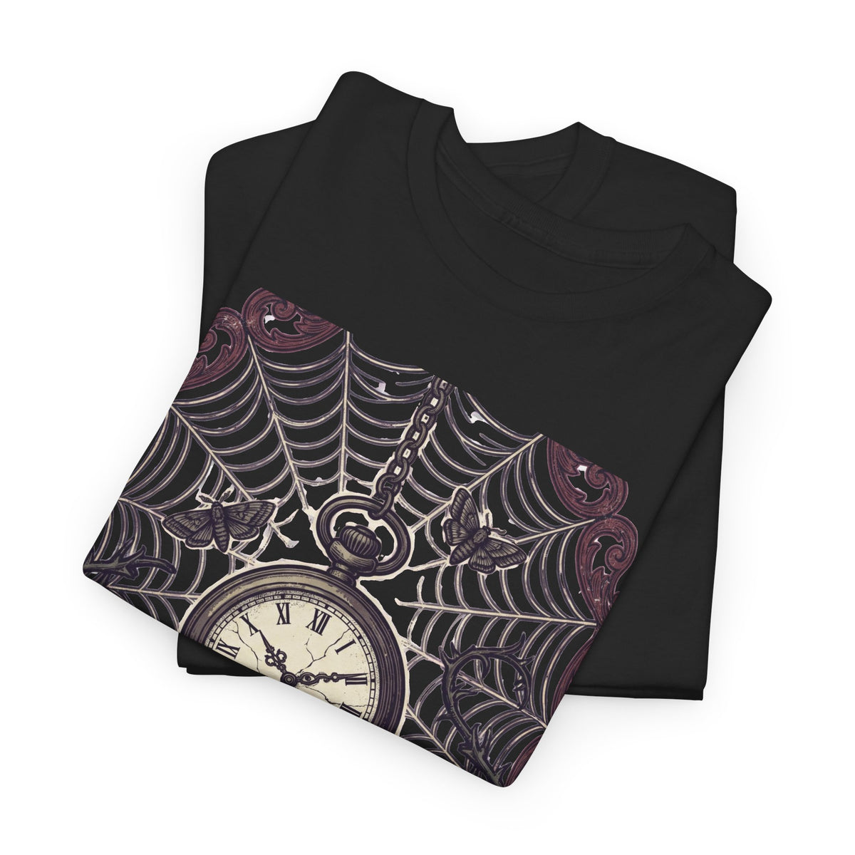 Caught in the Night Pocket Watch Tee — Gothic Spiderweb Vintage Clock T‑Shirt