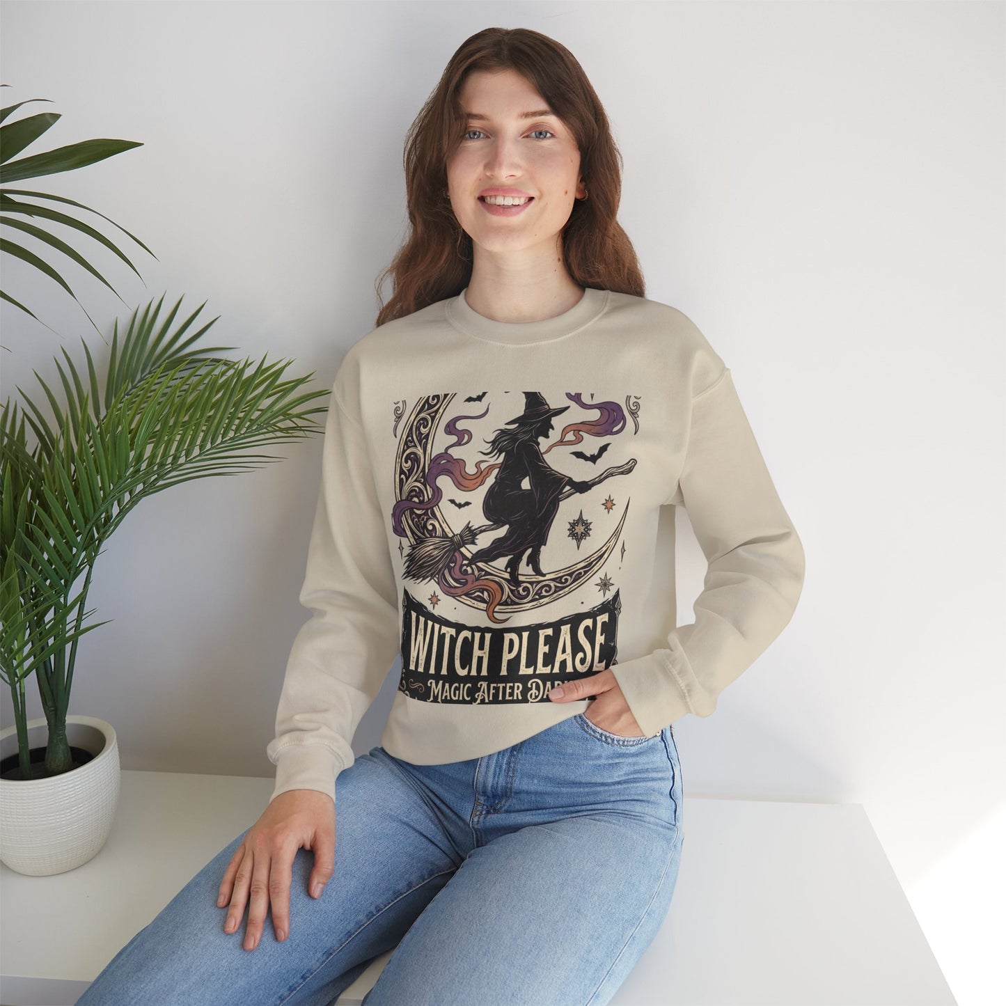 Witch Please Crewneck Sweatshirt — 'Magic After Dark' Witch Silhouette on Crescent Moon
