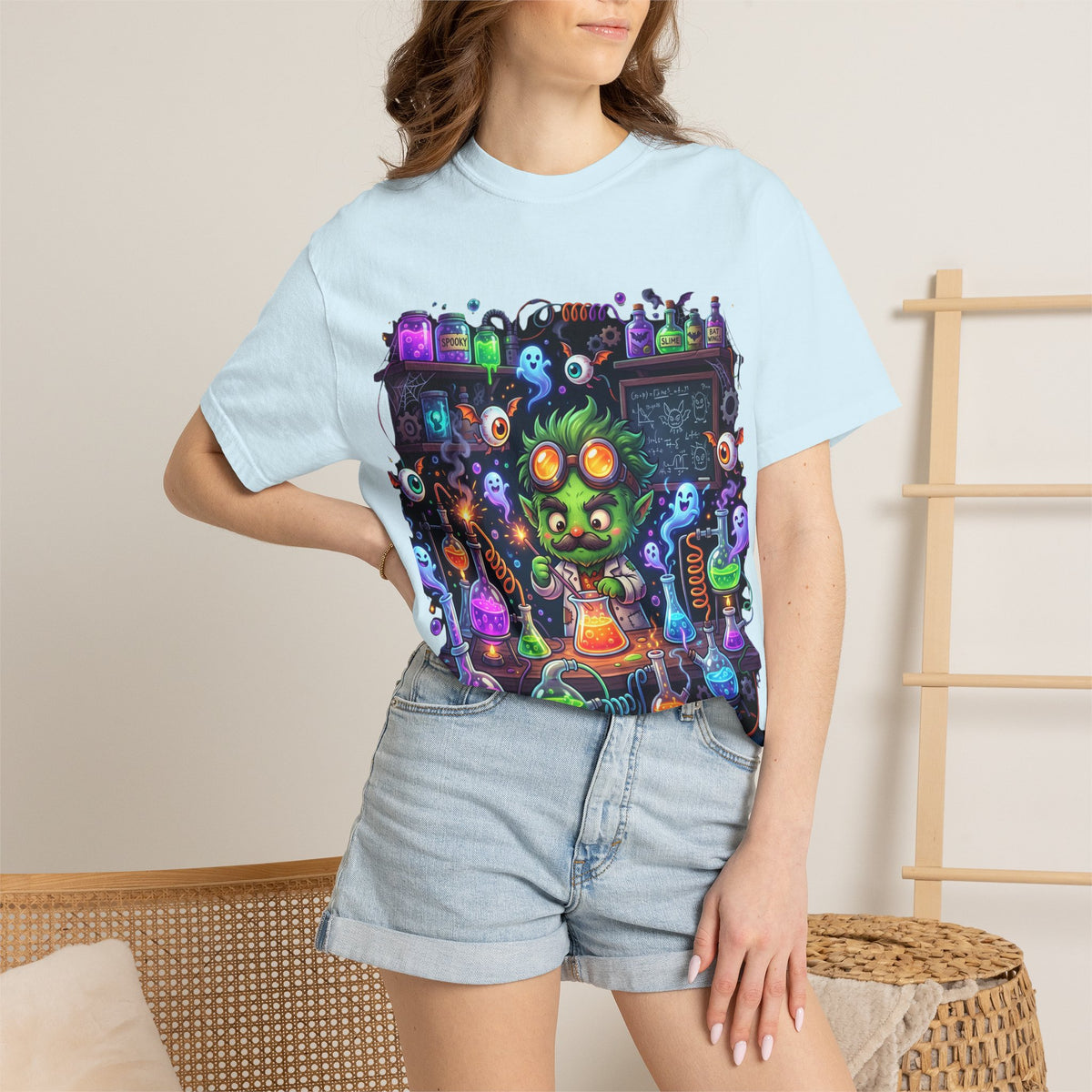 Mad Scientist Cat Lab T-Shirt — Neon Potion Halloween Tee