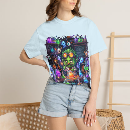 Mad Scientist Cat Lab T-Shirt — Neon Potion Halloween Tee