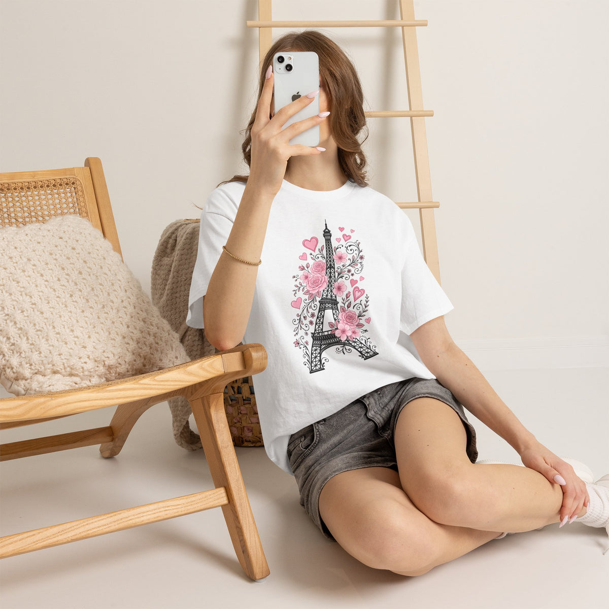 Paris Eiffel Tower Floral T-Shirt – Pink Roses & Hearts Tee