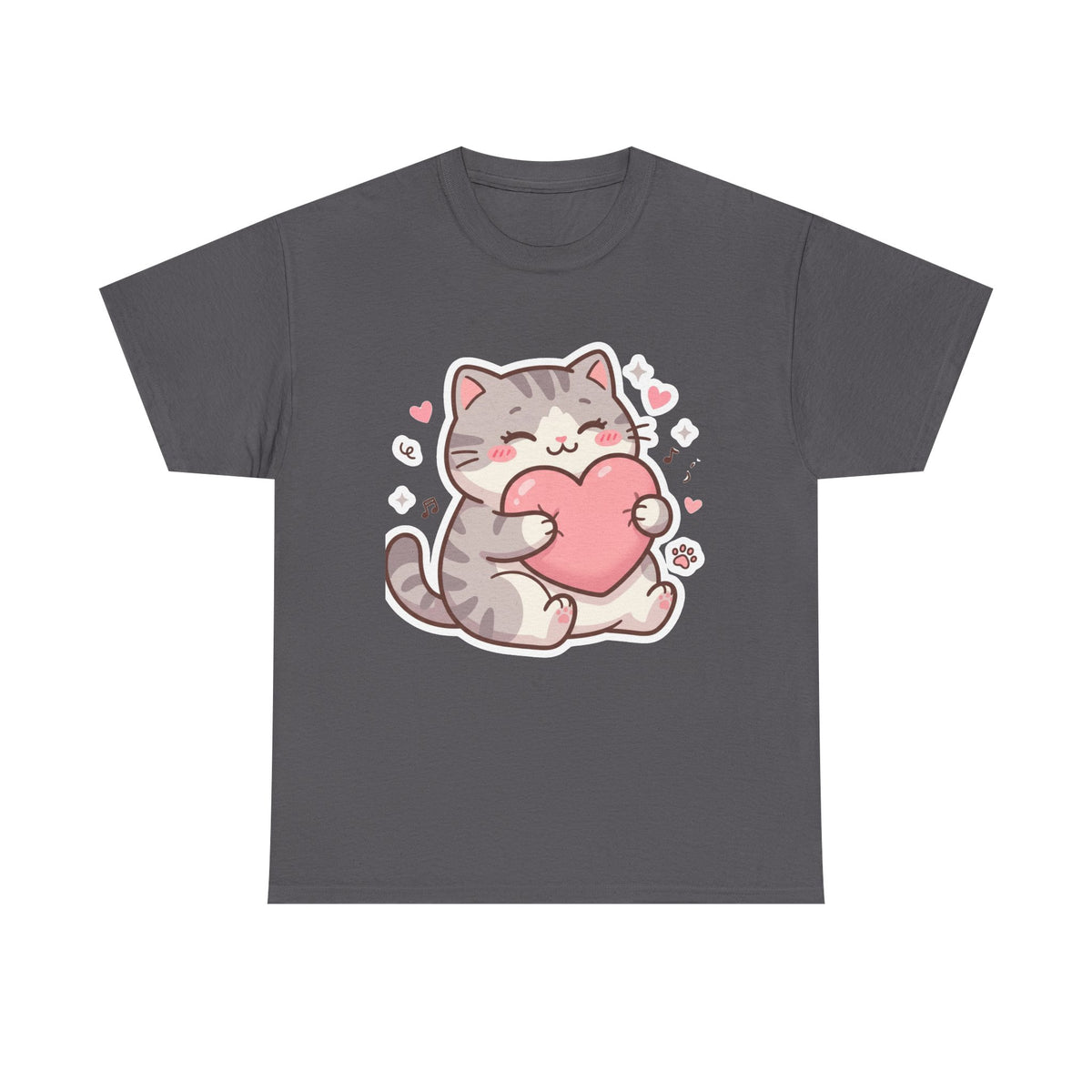 Cute Cat Hugging Heart T-Shirt — Kawaii Valentine Kitty Tee