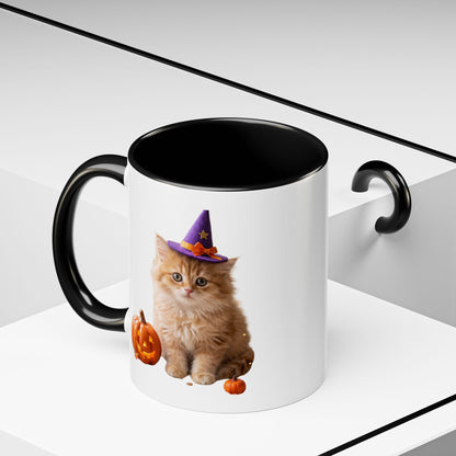 Halloween Cat Coffee Mug with Witch Hat and Pumpkin