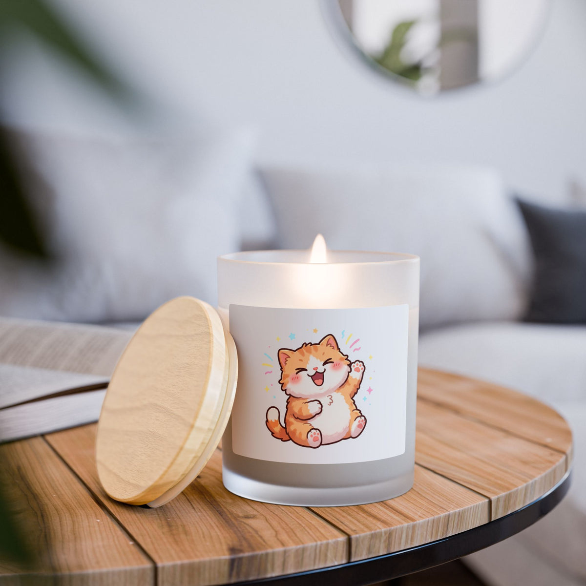 Happy Kawaii Cat Frosted Glass Candle — 11oz Cute Scented Candle Gift