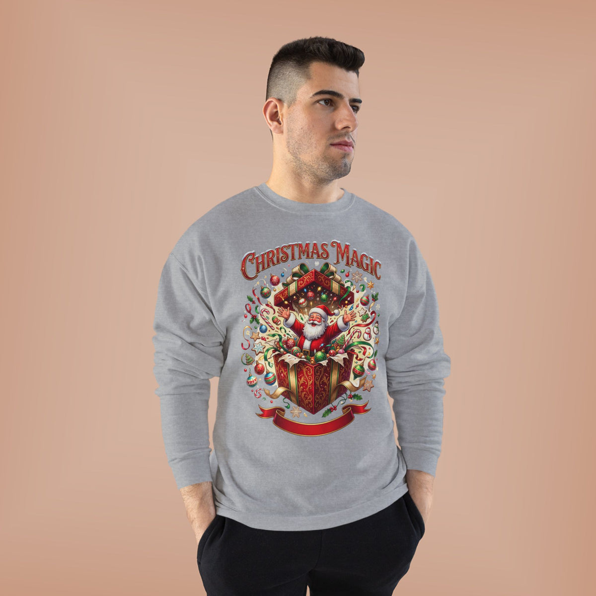 Christmas Magic Crewneck Sweatshirt — Santa Gift Box Holiday Pullover