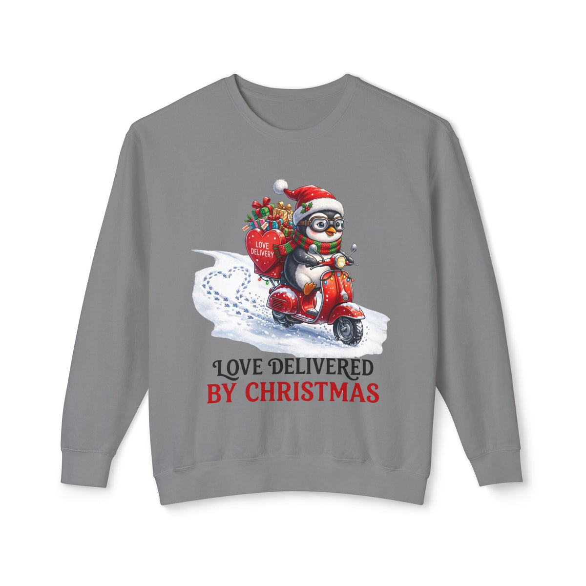 Christmas Penguin Scooter Sweatshirt — "Love Delivered by Christmas" Holiday Crewneck