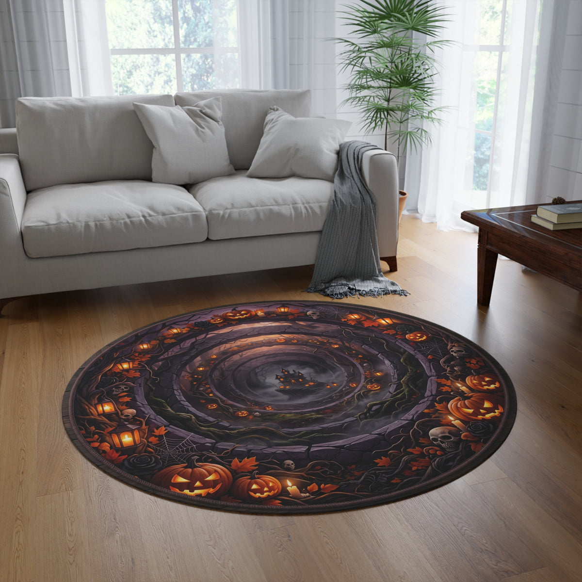 Halloween Haunted Castle Round Rug — Spooky Pumpkin & Lanterns Décor