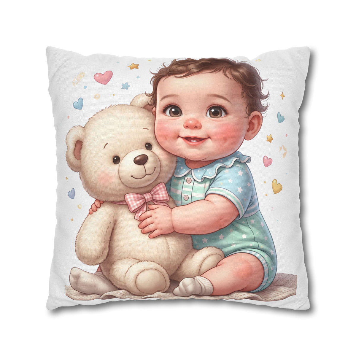 Baby & Teddy Square Pillowcase - Cute Infant Nursery Decorative Throw Pillow