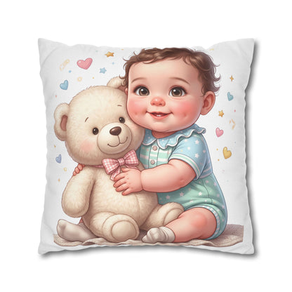 Baby & Teddy Square Pillowcase - Cute Infant Nursery Decorative Throw Pillow