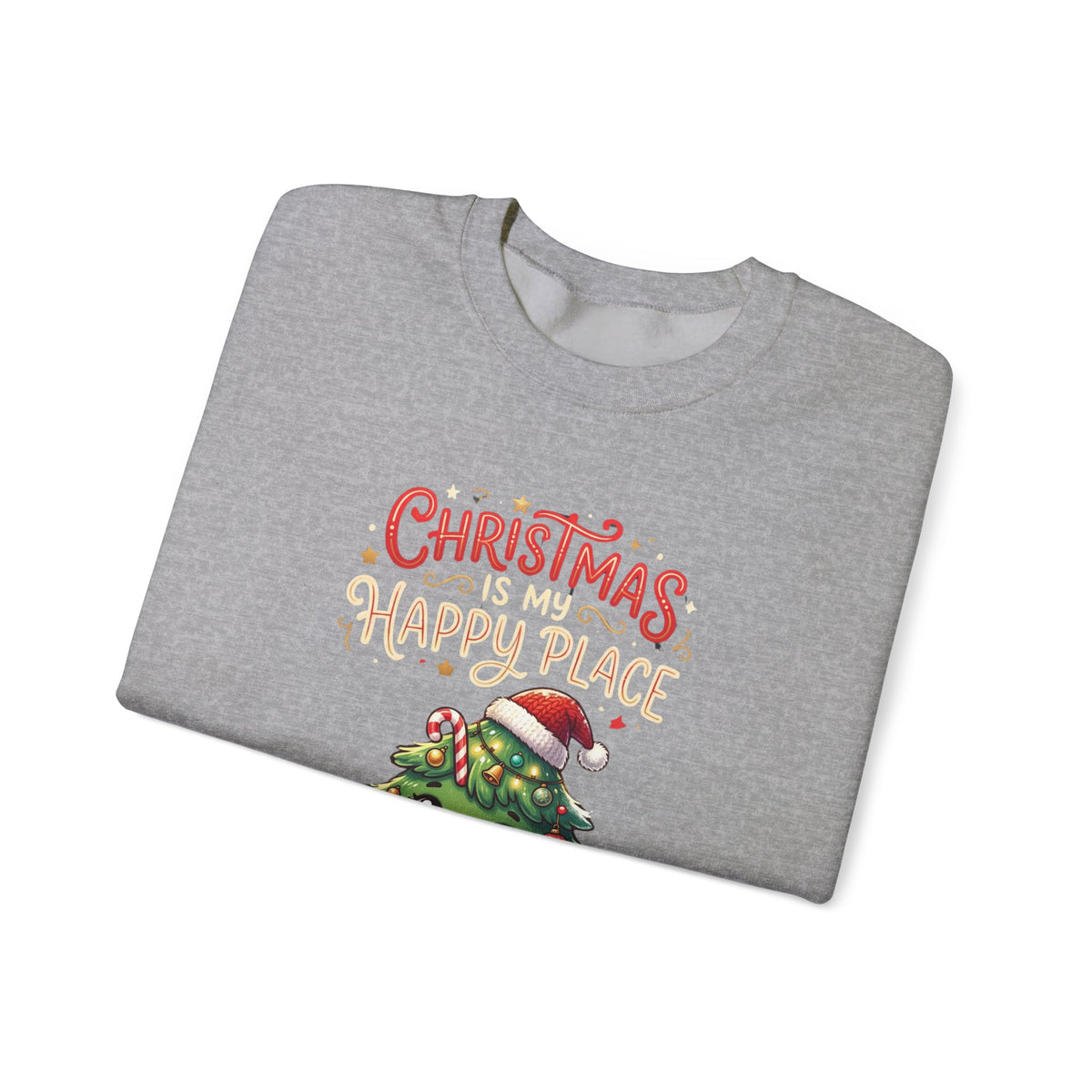 Christmas Happy Place Crewneck Sweatshirt — Cute Kawaii Tree & Gifts Holiday Sweatshirt