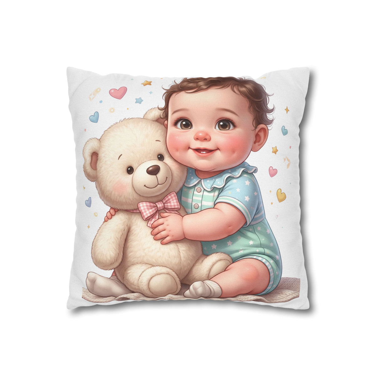 Baby & Teddy Square Pillowcase - Cute Infant Nursery Decorative Throw Pillow