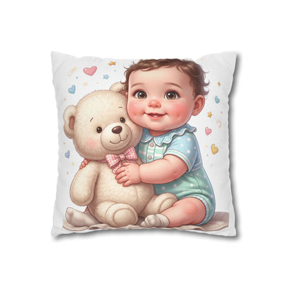 Baby & Teddy Square Pillowcase - Cute Infant Nursery Decorative Throw Pillow