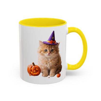 Halloween Cat Coffee Mug with Witch Hat and Pumpkin