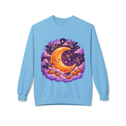 Halloween Moon Crewneck Sweatshirt — Cute Smiling Moon, Pumpkins & Bats Pullover