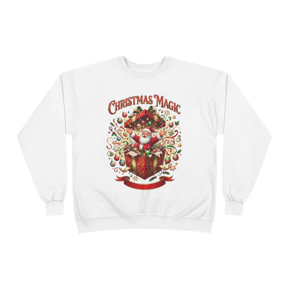 Christmas Magic Crewneck Sweatshirt — Santa Gift Box Holiday Pullover